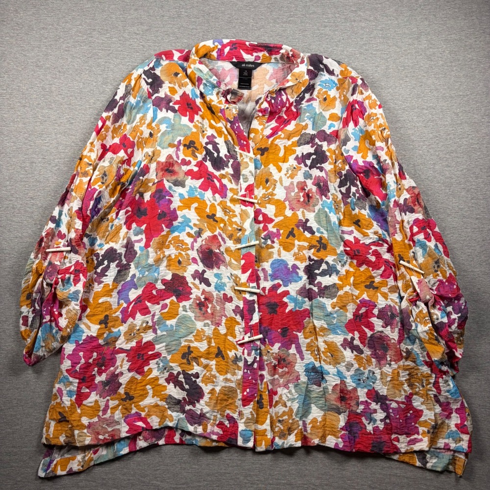 Ali Miles Button Up 1X Floral Art To Wear Boho Lightweight Toggle Tunic